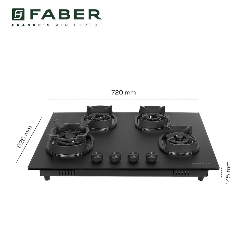Faber Della 4 Burner 72cm Hob |Auto-Ignition|Brass Burner| Cast Iron Pan Support |Hob/Cooktop Hybrid| Matt Black Glass F