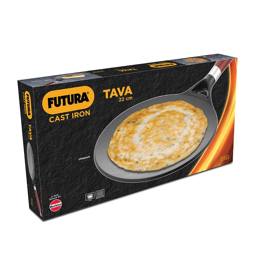 Hawkins Futura 22 cm Cast Iron Tava, Cast Iron Tawa for Roti, Cast Iron Cookware for Kitchen, Black (CIT22)