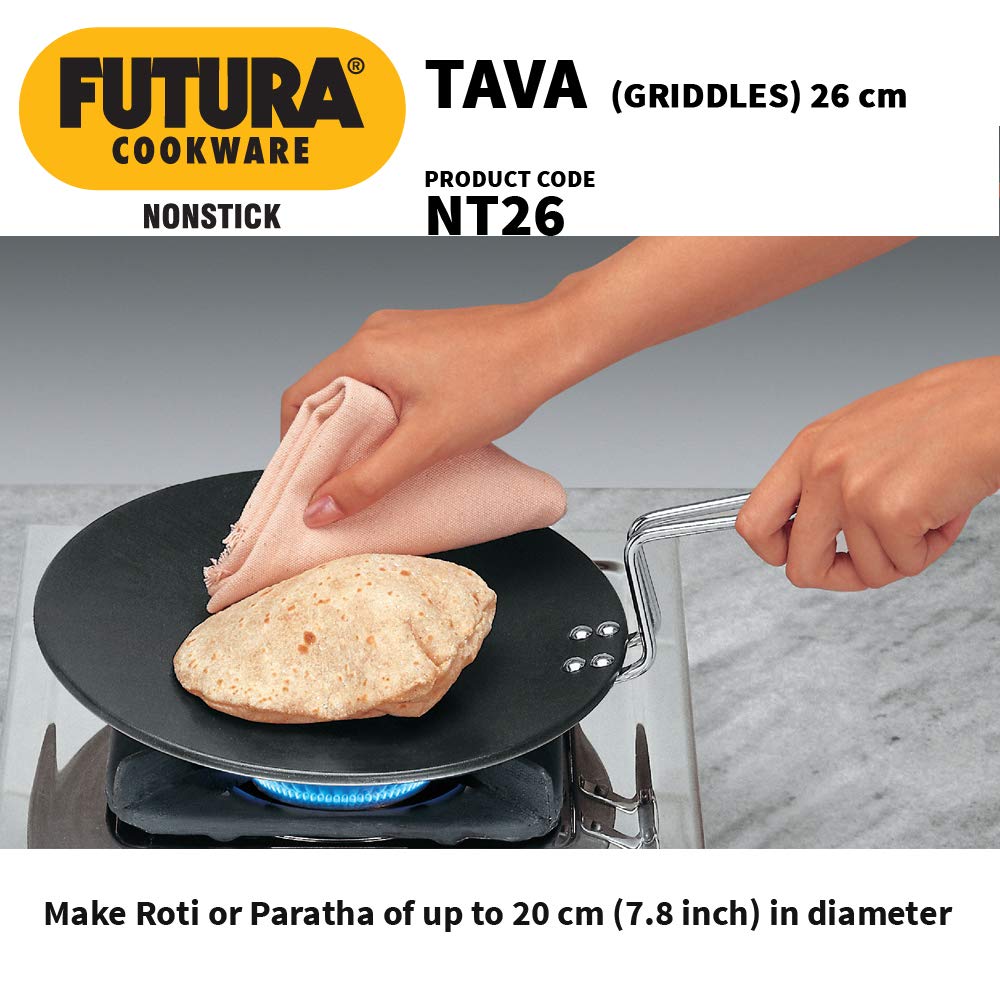 Hawkins Futura 26 cm Tava, Non Stick Tawa with Stainless Steel Handle, Black (NT26)