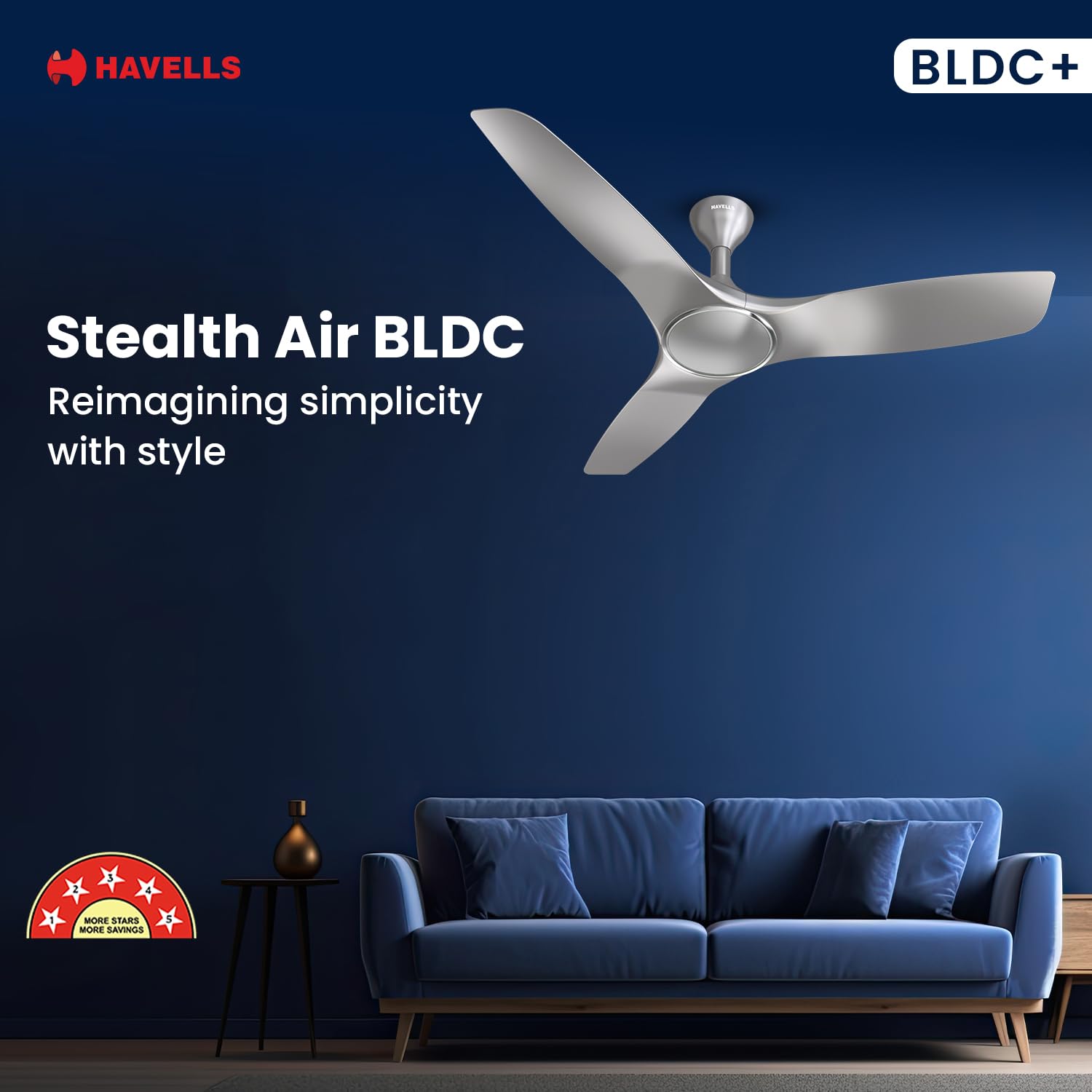 Havells 1200mm Stealth Air BLDC Motor Ceiling Fan | Remote Controlled, High Air Delivery Fan | 5 Star Rated, Upto 60% Energy Saving, 2 Year Brand Warranty | (Pack of 1, Mist)