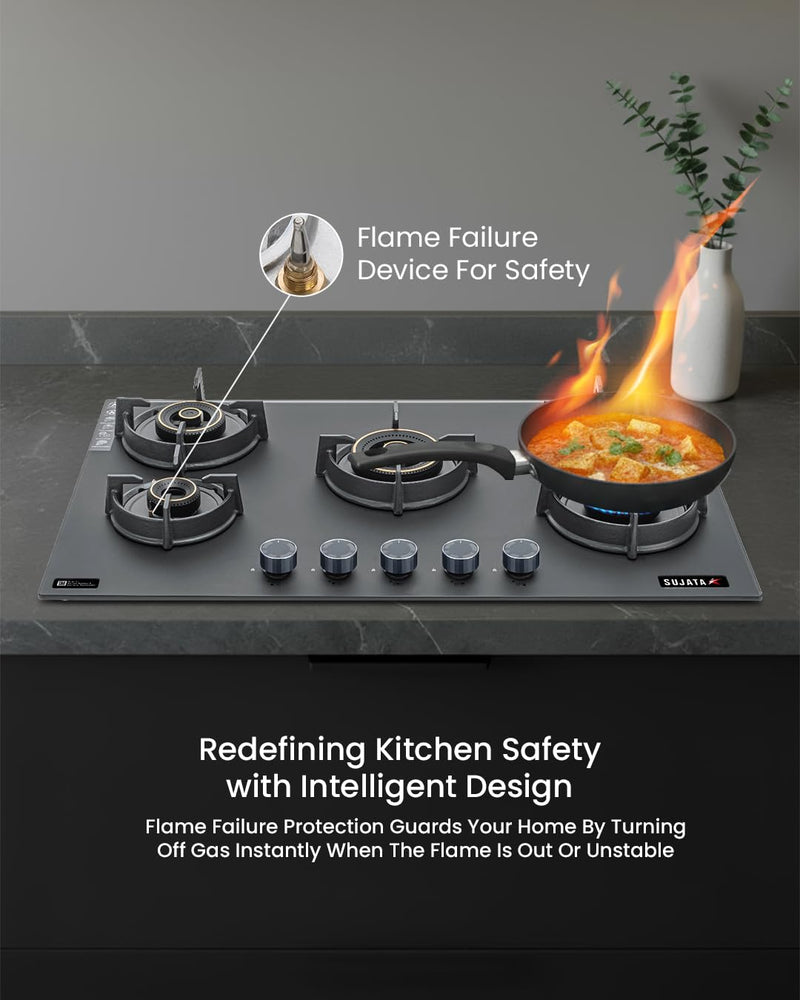 Sujata 5 Burner Gas Stove Glass Top | 5 Years Warranty | Gas Chulha, Auto Ignition Gas Stove, CookTop cum Hob Top, LPG & PNG Compatible, Brass Burner (Palladium FFD Auto Ignition Black)