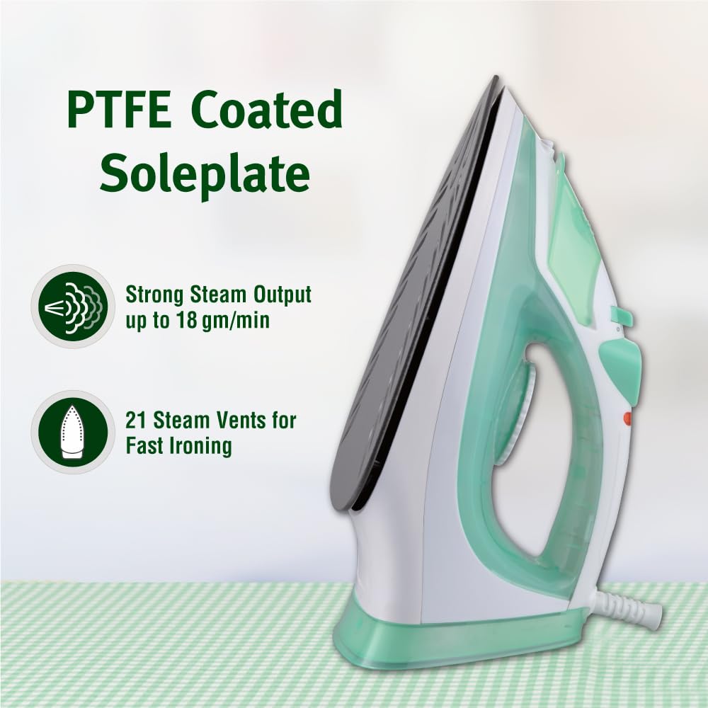 Usha 3816 1600W Steam Iron with Shock Proof Body | Teflon Coated Soleplate | Powerful Steam Output upto18gm/min | 280ml Water Tank Capacity | Overheat Safety Shutoff | 2 Years Warranty|(Green & White)