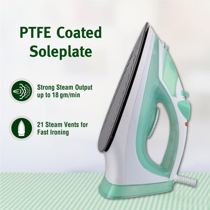 Usha 3816 1600W Steam Iron with Shock Proof Body | Teflon Coated Soleplate | Powerful Steam Output upto18gm/min | 280ml Water Tank Capacity | Overheat Safety Shutoff | 2 Years Warranty|(Green & White)