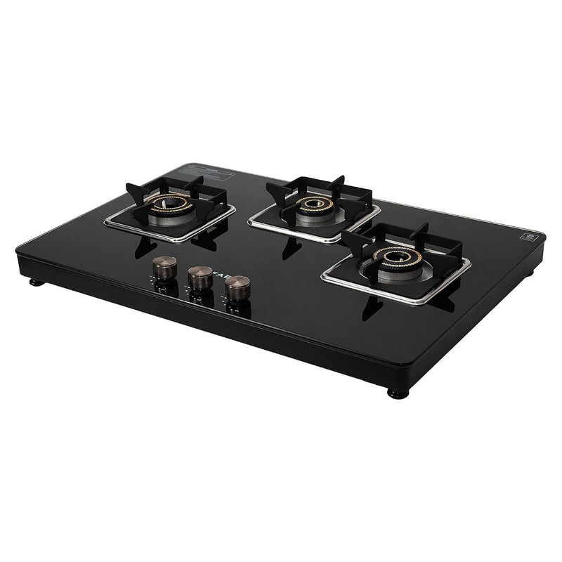 Faber 3 Burner Auto-Ignition Cooktop|NiOS AUTO 3BB BK|Battery Operated|Metal Knobs|Brass Burners|Cast Iron Pan Support|B