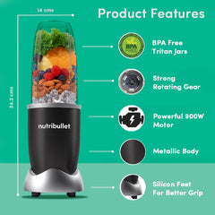 Nutribullet PRO 900W Black, 12 Pcs Set, USA #1 Mixer/Grinder/Smoothie Maker, "The Original Nutribullet", Food Processor, Best Blender, 3 Unbreakable Jars, 2 Blade Set - Wet & Dry
