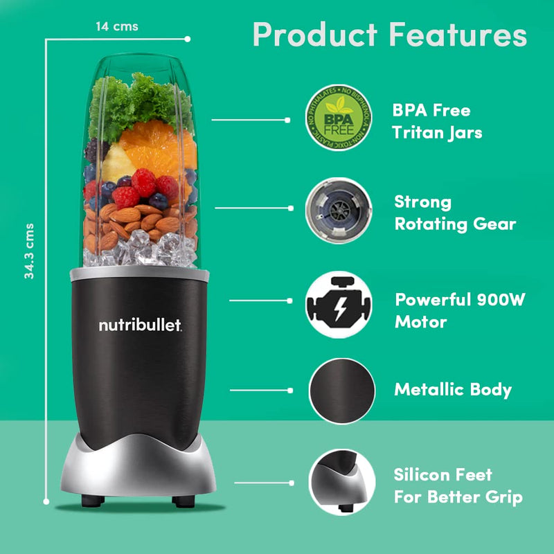 Nutribullet PRO 900W Black, 12 Pcs Set, USA #1 Mixer/Grinder/Smoothie Maker, "The Original Nutribullet", Food Processor, Best Blender, 3 Unbreakable Jars, 2 Blade Set - Wet & Dry