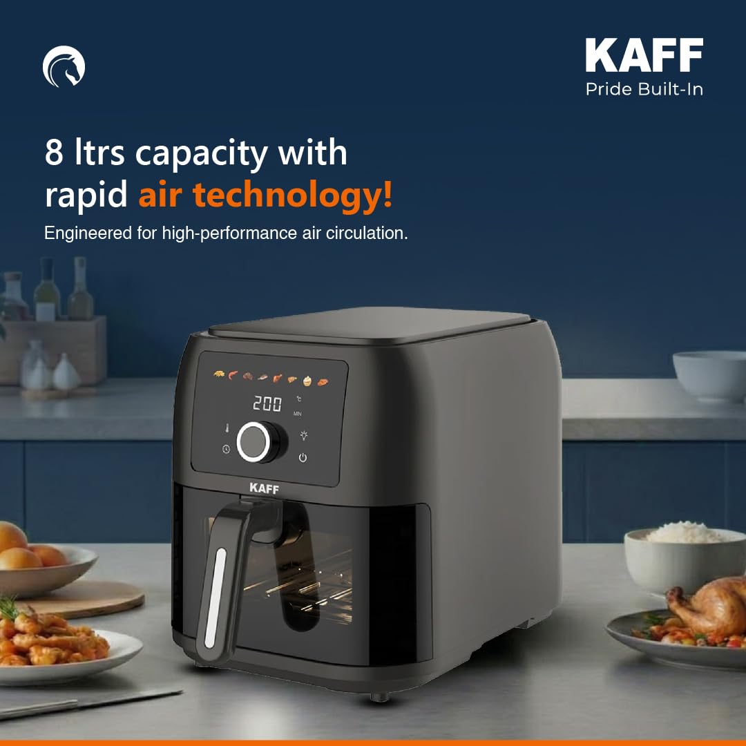 Kaff Digital Air Fryer 8L, 1700W Oil Free Air Fryer for Home, Large Basket with Visible Window, 8 Preset Cooking Modes, 