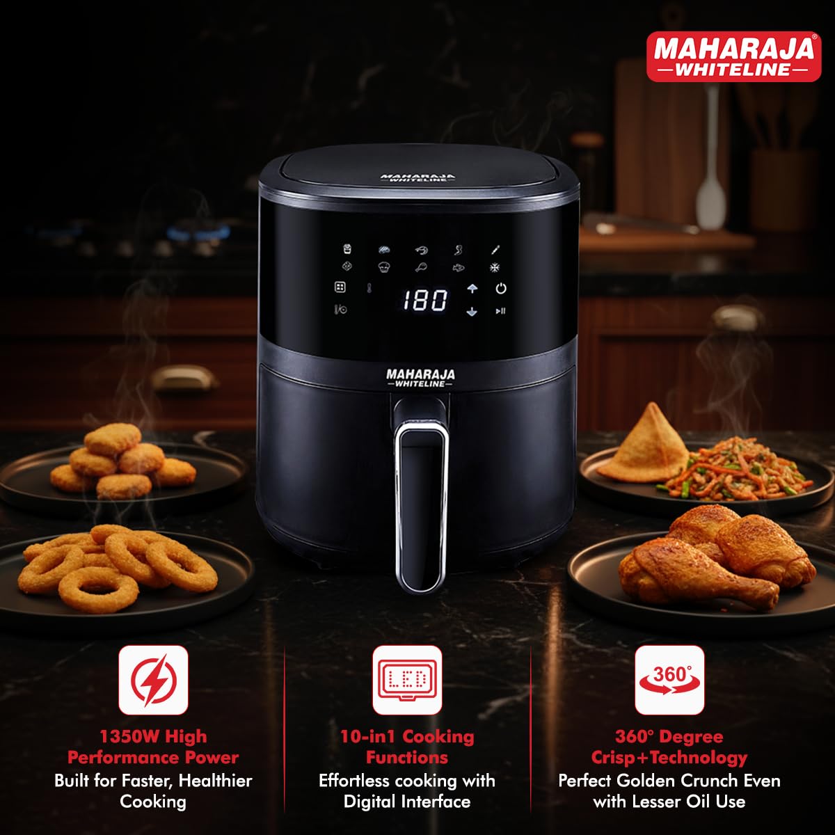 Maharaja Whiteline CrispyChef Pro 1350W Digital Air Fryer (4.5L, Black) | 10-in-1 Multi-Cooking Functions | 360° Crisp Technology | Non-Stick Grill Plate | Oil-Free Healthy Cooking | 2-Year Warranty