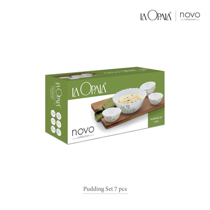La Opala Novo Collection Opal Glass Crockery | Gift Set of 7 | Pudding Set 7 pcs Blissfull Green | Bowls for Desserts & Gifting | Microwave Safe | 100% Vegetarian | Extra Strong | Light & White