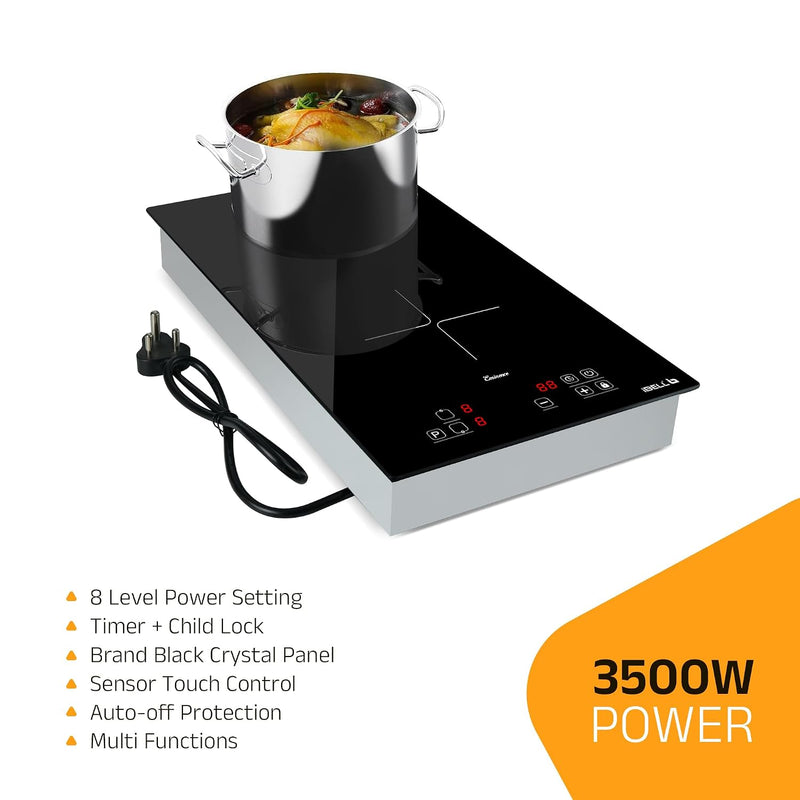 iBELL EMINENCE02, 3500W, 3-YEAR WARRANTY, 2-Zone Induction Hob with Touch Controls & Toughened Glass, High Speed Heating, Energy Efficient, Perfect for Modern Kitchens [Black]