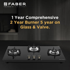 Faber Hob 3 Burner | Auto-Ignition | Spillage Proof | HOB SUPERIA HT903 BR AI |Metal Knobs | Pan Support |5 Yr Warranty 