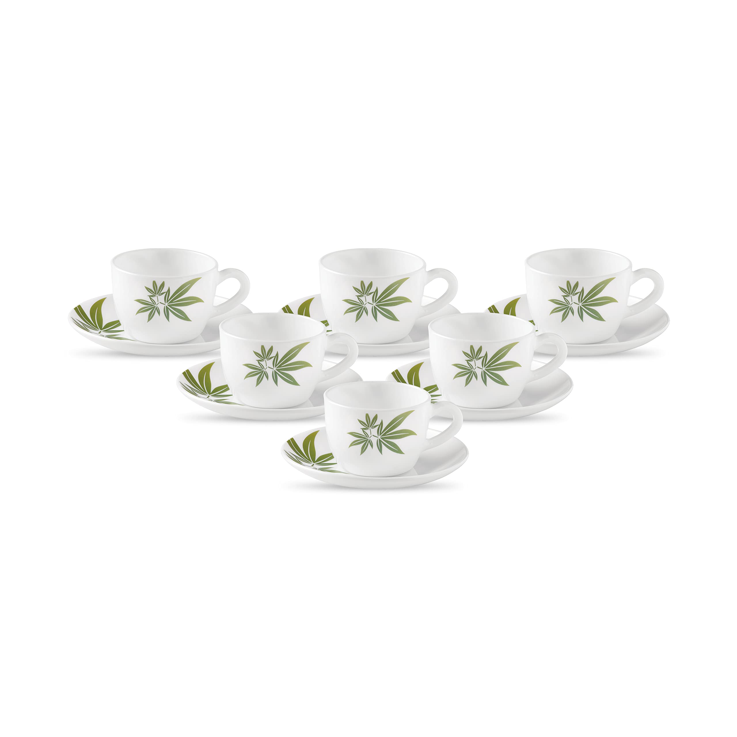 La Opala, Novo Collection Opal Glass Crockery | Cup & Saucer Lily, Set of 12 | Trinty Green, 150 ml | for Tea & Coffee | Microwave Safe | 100% Vegetarian | Extra Strong | Super Light | Super White
