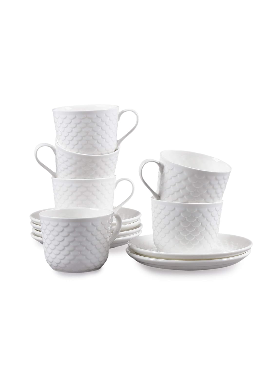 Clay Craft Basics Ripple Style White Plain Cup & Saucer Set of 12 Pcs- 8 Ounce Specialty Tea Drinks,Coffee,Latte