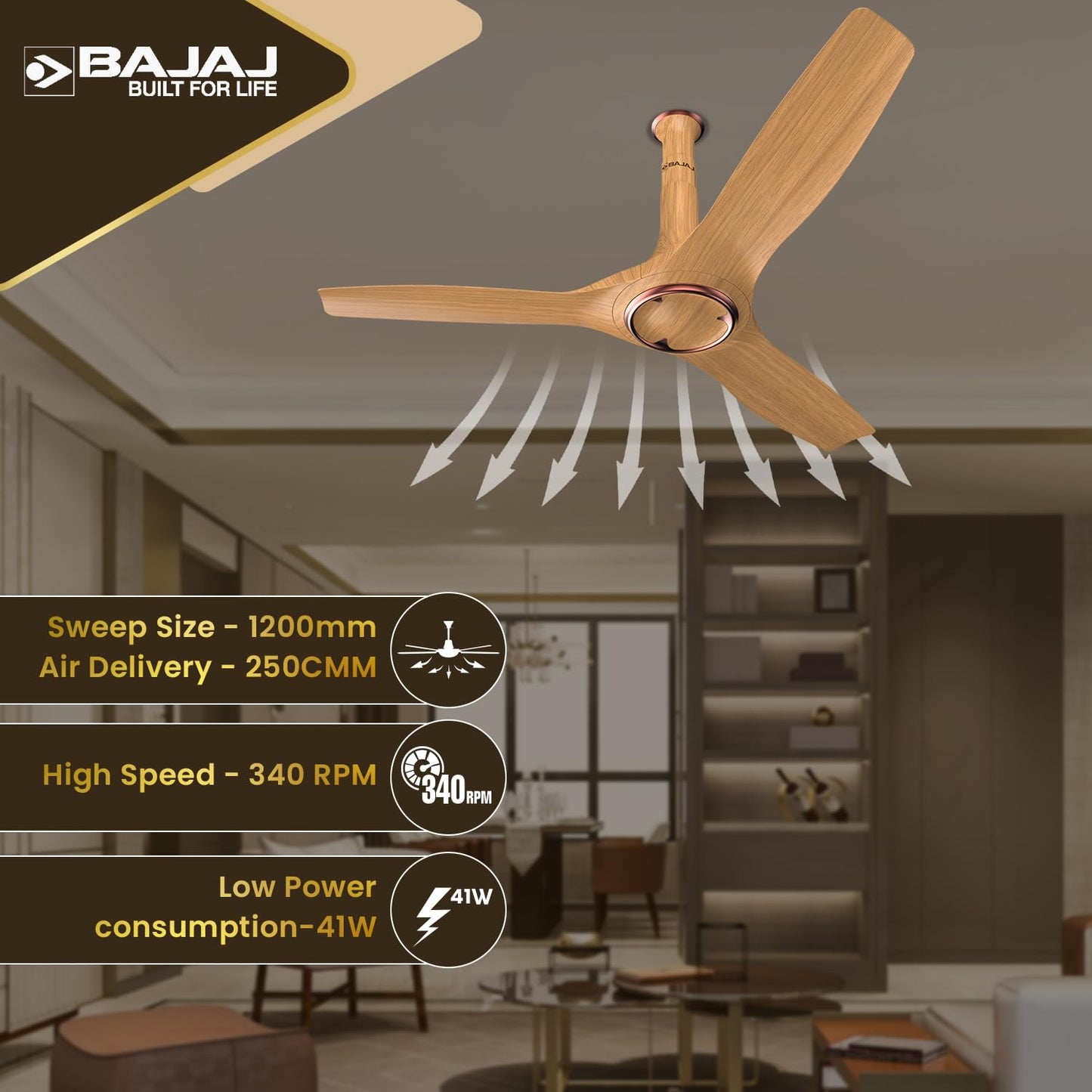 Bajaj Arioso 12DC5R 1200MM Silent Abs BLDC Ceiling Fan For Home | 5 Starrated Energy Efficient | Remote Control | High Air Delivery, Silent Operation | Unique Adjustable Canopy 【Wood & Copper】