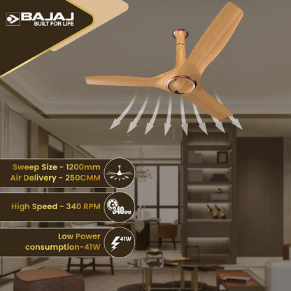 Bajaj Arioso 12DC5R 1200MM Silent Abs BLDC Ceiling Fan For Home | 5 Starrated Energy Efficient | Remote Control | High Air Delivery, Silent Operation | Unique Adjustable Canopy 【Wood & Copper】