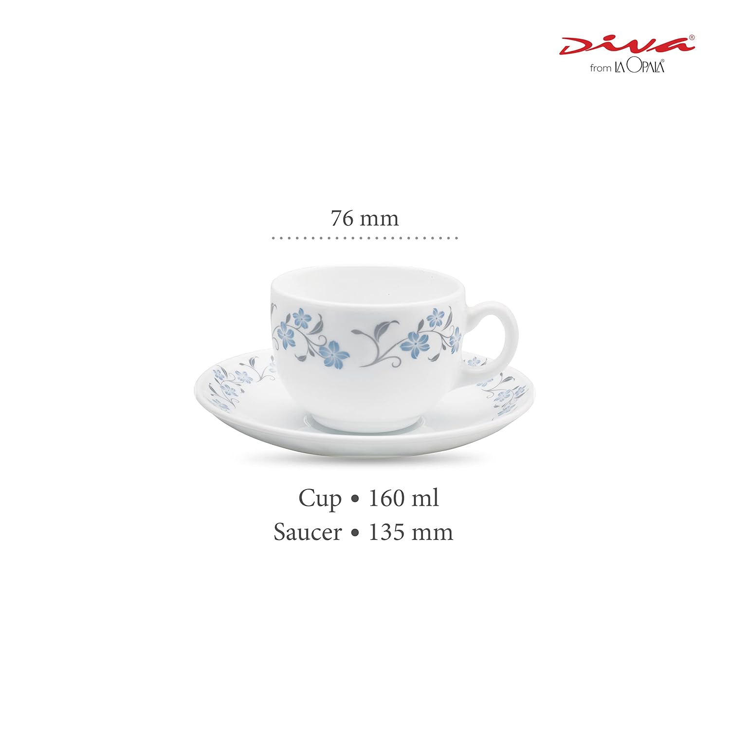 La Opala Diva, Opal Glass Crockery | Cup & Saucer Iris Regular, Set of 12 | Grace Blue, 160 ml | for Tea & Coffee | Microwave Safe | 100% Vegetarian | Extra Strong | Super Light | Super White
