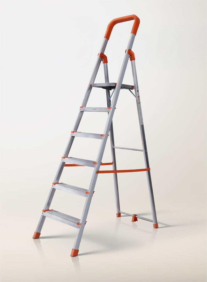 HOUZA Aluminium Ladder for Home 7 Steps Foldable with Tool Tray & Anti-Skid Wide Steps | Multi-Purpose Heavy Duty Ladder, Kitchen & Household | 250 Kg Load Capacity | 5 Year Warranty (Orange)