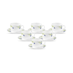 La Opala Diva, Pearl Collection Opal Glass Crockery | Cup & Saucer, Set of 12 | Turquoise Trims, 160 ml | for Tea & Coffee | Microwave Safe | 100% Vegetarian | Extra Strong | Super Light | Super White