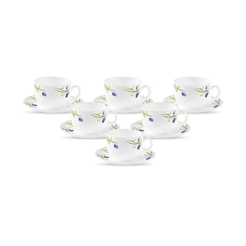 La Opala Diva, Pearl Collection Opal Glass Crockery | Cup & Saucer, Set of 12 | Turquoise Trims, 160 ml | for Tea & Coffee | Microwave Safe | 100% Vegetarian | Extra Strong | Super Light | Super White