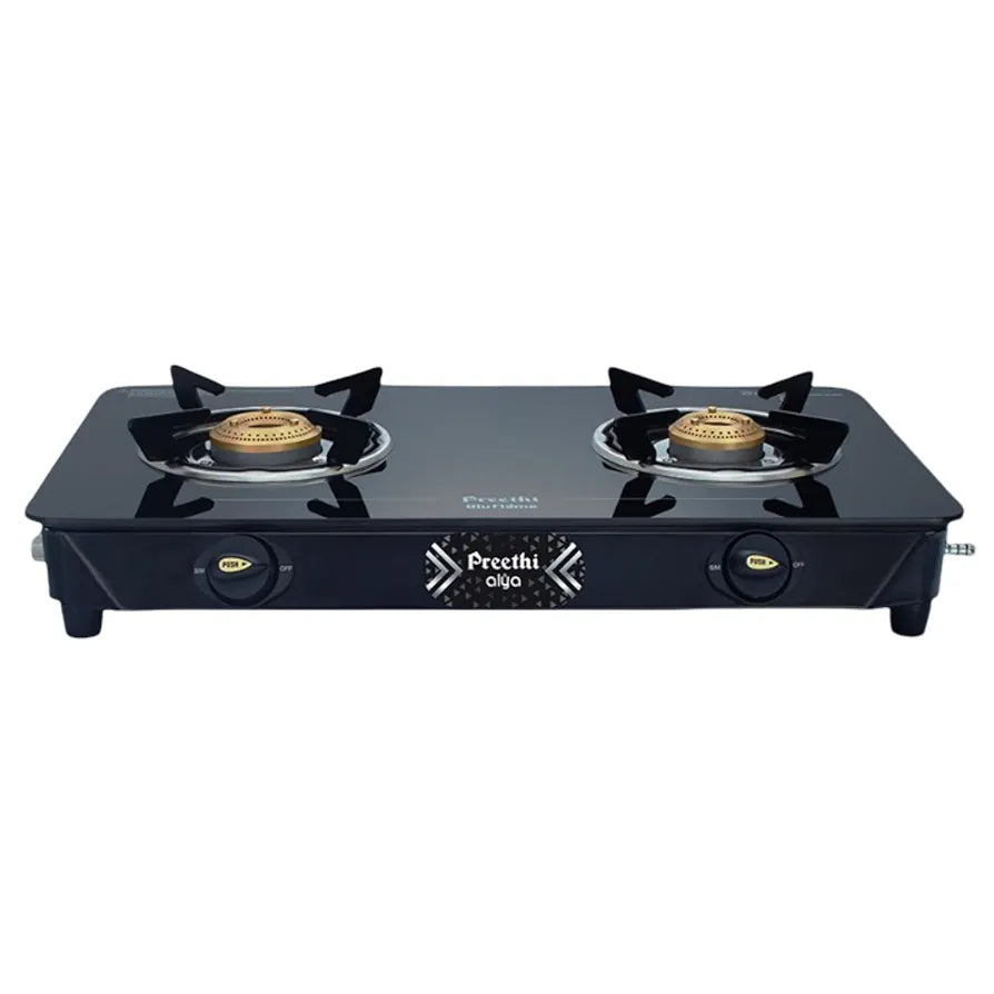 Preethi Alya 2 Burner Glass Top Gas Stove | 5-Year Warranty on Glass & Burners | ISI Certified