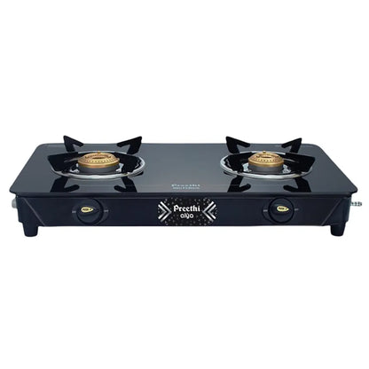 Preethi Alya 2 Burner Glass Top Gas Stove | 5-Year Warranty on Glass & Burners | ISI Certified