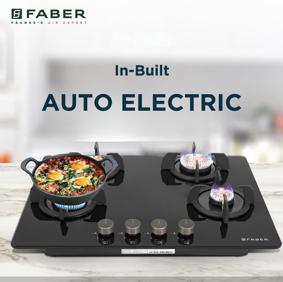 Faber 4 Burner 70cm Hob |Auto-Ignition HOB PRIME HT704 CRS BR CI AI |Metal Knobs Cast Iron Pan Support |Hob/Cooktop Hybr