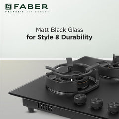 Faber Della 4 Burner 78cm Hob |Auto-Ignition|Brass Burner| Cast Iron Pan Support |Hob/Cooktop Hybrid| Matt Black Glass F