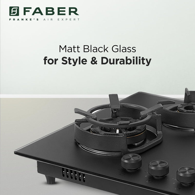 Faber Della 4 Burner 78cm Hob |Auto-Ignition|Brass Burner| Cast Iron Pan Support |Hob/Cooktop Hybrid| Matt Black Glass F