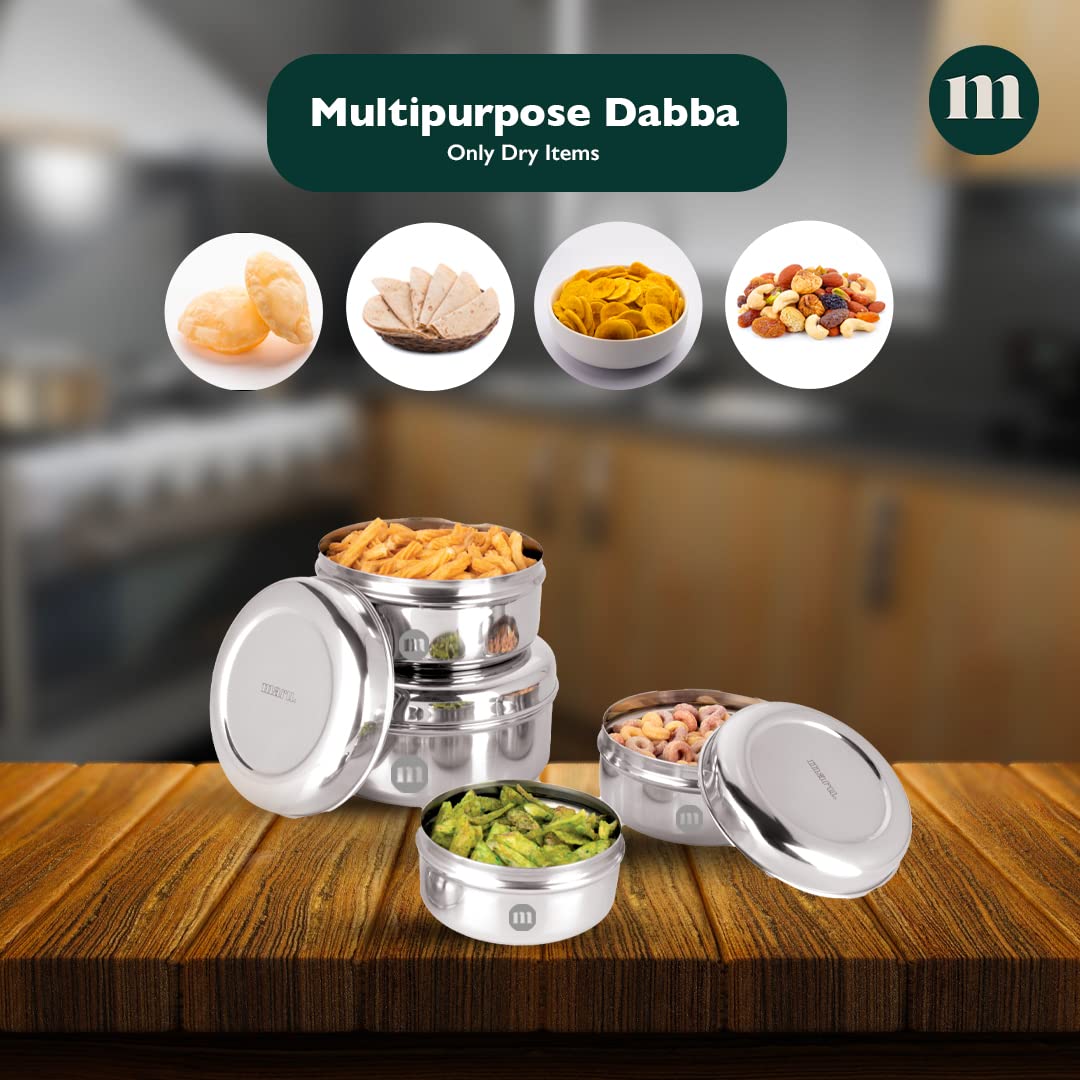 MARU Fridge Storage Containers Stainless Steel set of 4 ((250ml, 450ml, 600ml, 850ml) - Small Round Airtight Food Storage Container, Multipurpose Kitchen Boxes for Leftovers Food, Roti, Chapati & Atta