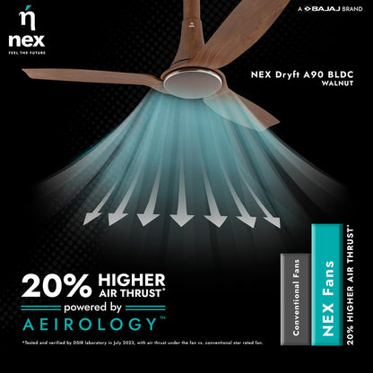 NNEX by BAJAJ Dryft A90 BLDC 1200 MM | 5 Stars Rated Premium Ceiling Fan With Remote Control | 20%* Higher Air Thrust | Airfluence ABS Blade For Low Noise | 2-Yr Warranty Free Installation 【Walnut】