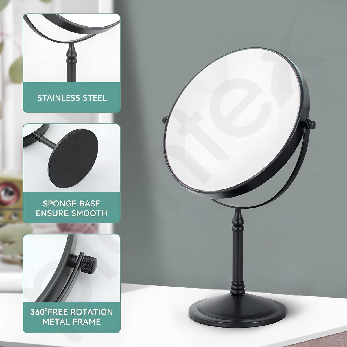 Plantex Premium Brass Magnifying Mirror/Dual Side Shaving Mirror for Bathroom with 5x/1x Magnification/Tabletop Vanity Hand Mirrors Stand (8 Inch-Black/Tabletop)-4