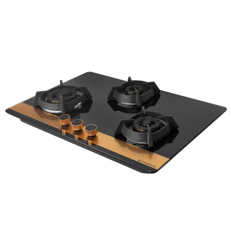 Faber 78cm 3Burner Gas Hob | Flame Failure Device | Cast Iron Pan Support | Metal Knobs | Dual Flame Burner | 8mm Toughe