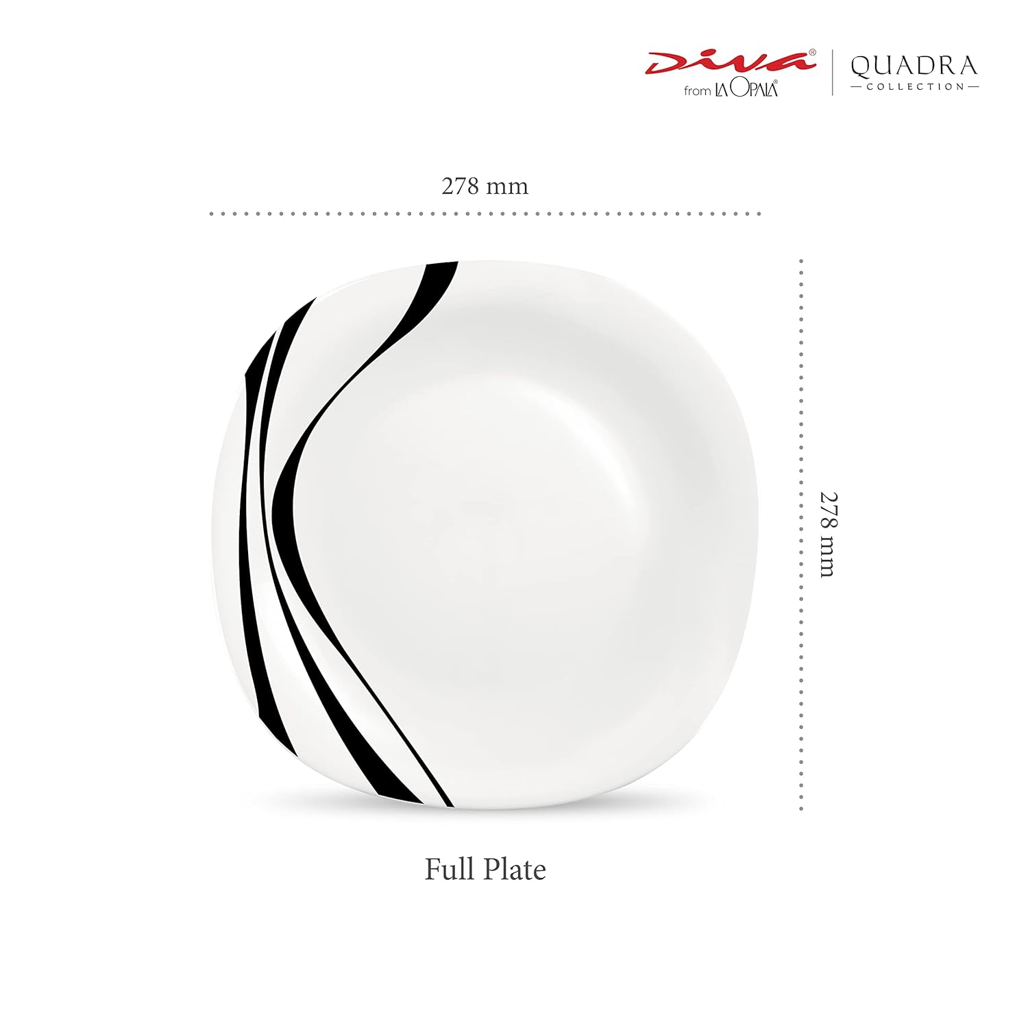 La Opala Diva Quadra Collection Opal Glass Crockery | Full Plate Set of 6 Midnight Black | Square Dinner Plate for Dining & Gifting | Microwave Safe | 100% Vegetarian | Extra Strong | Light & White