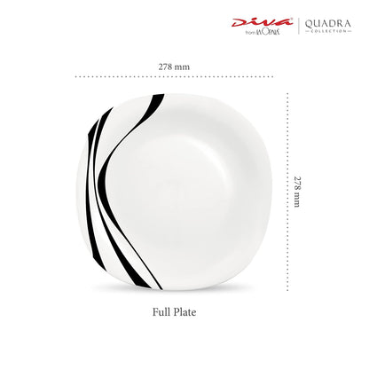 La Opala Diva Quadra Collection Opal Glass Crockery | Full Plate Set of 6 Midnight Black | Square Dinner Plate for Dining & Gifting | Microwave Safe | 100% Vegetarian | Extra Strong | Light & White