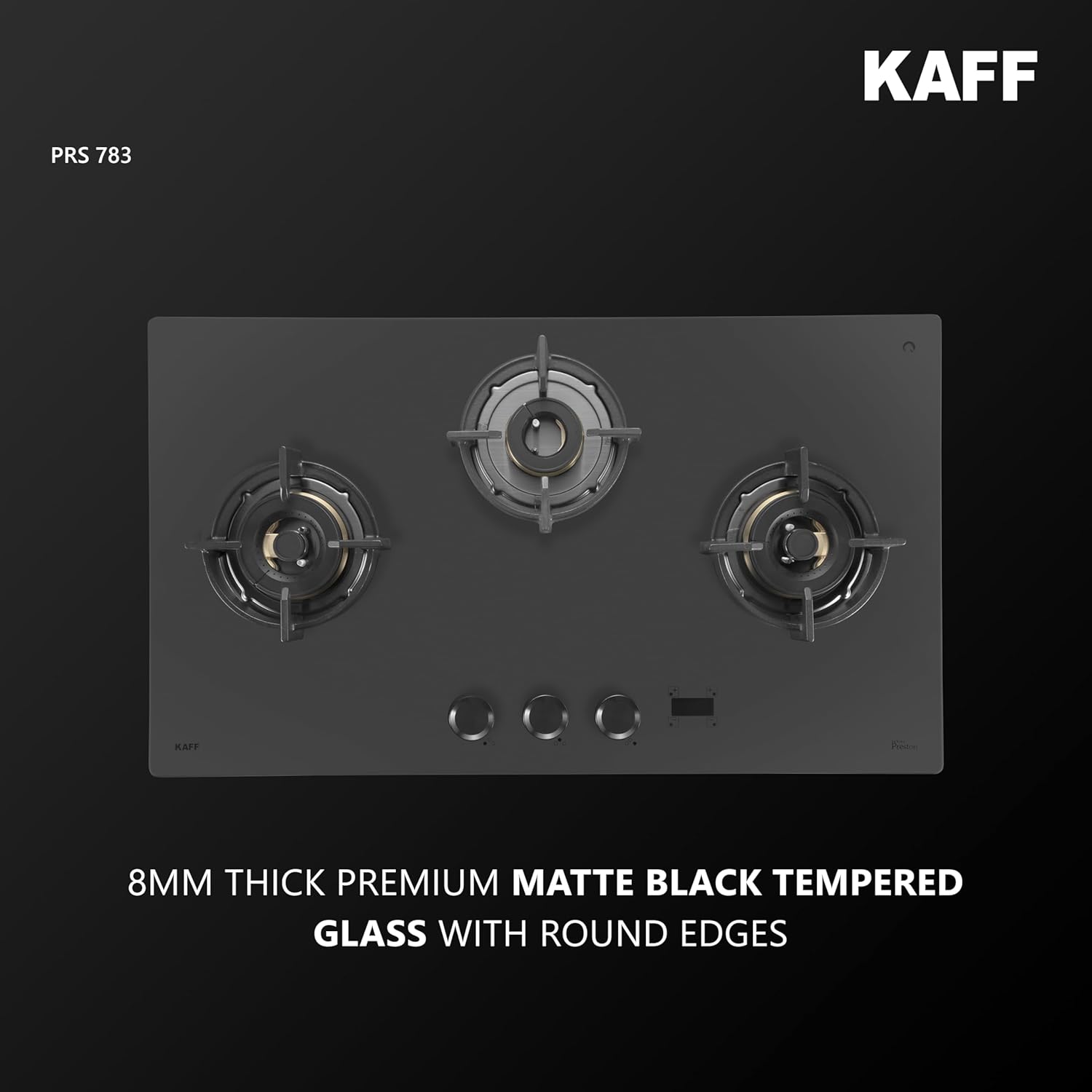 KAFF PRESTON PRS 783 Built-in Hob/Hobtop 3 Burners with Digital Timer, Auto Electric Ignition Glass Top, 78 CM, Full Brass Burners with Flame Failure Device, Metal Knobs (Black)