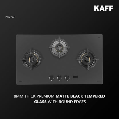 KAFF PRESTON PRS 783 Built-in Hob/Hobtop 3 Burners with Digital Timer, Auto Electric Ignition Glass Top, 78 CM, Full Brass Burners with Flame Failure Device, Metal Knobs (Black)