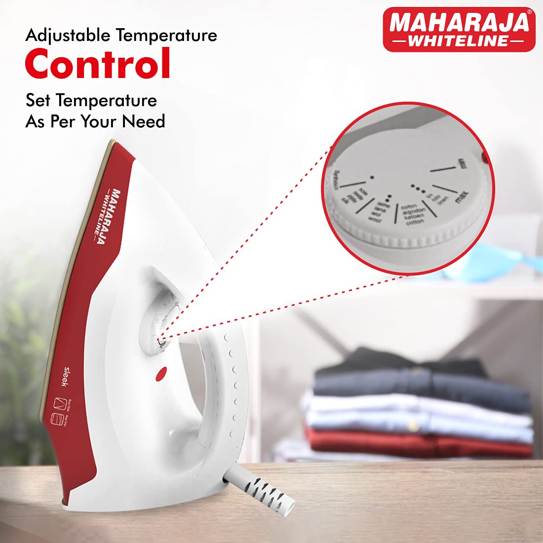 Maharaja Whiteline Sleek Plus Dry Iron, 1000 Watt, White and Red (DI-128)