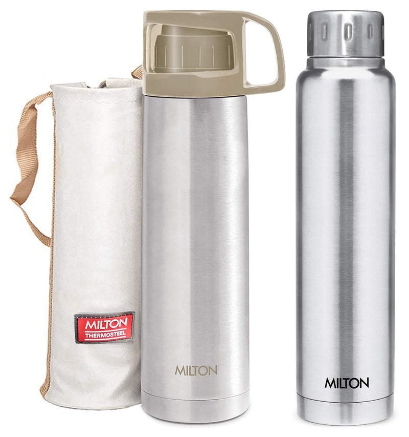 Milton Glassy 500 Thermosteel Vacuum Insulated Double Walled Flask with Drinking Cup lid & Jacket, 500 ml Water Bottles, 24 Hours Hot & Cold, Easy to Carry,Rust Proof, Tea, Coffee, Travel Bottle, Grey