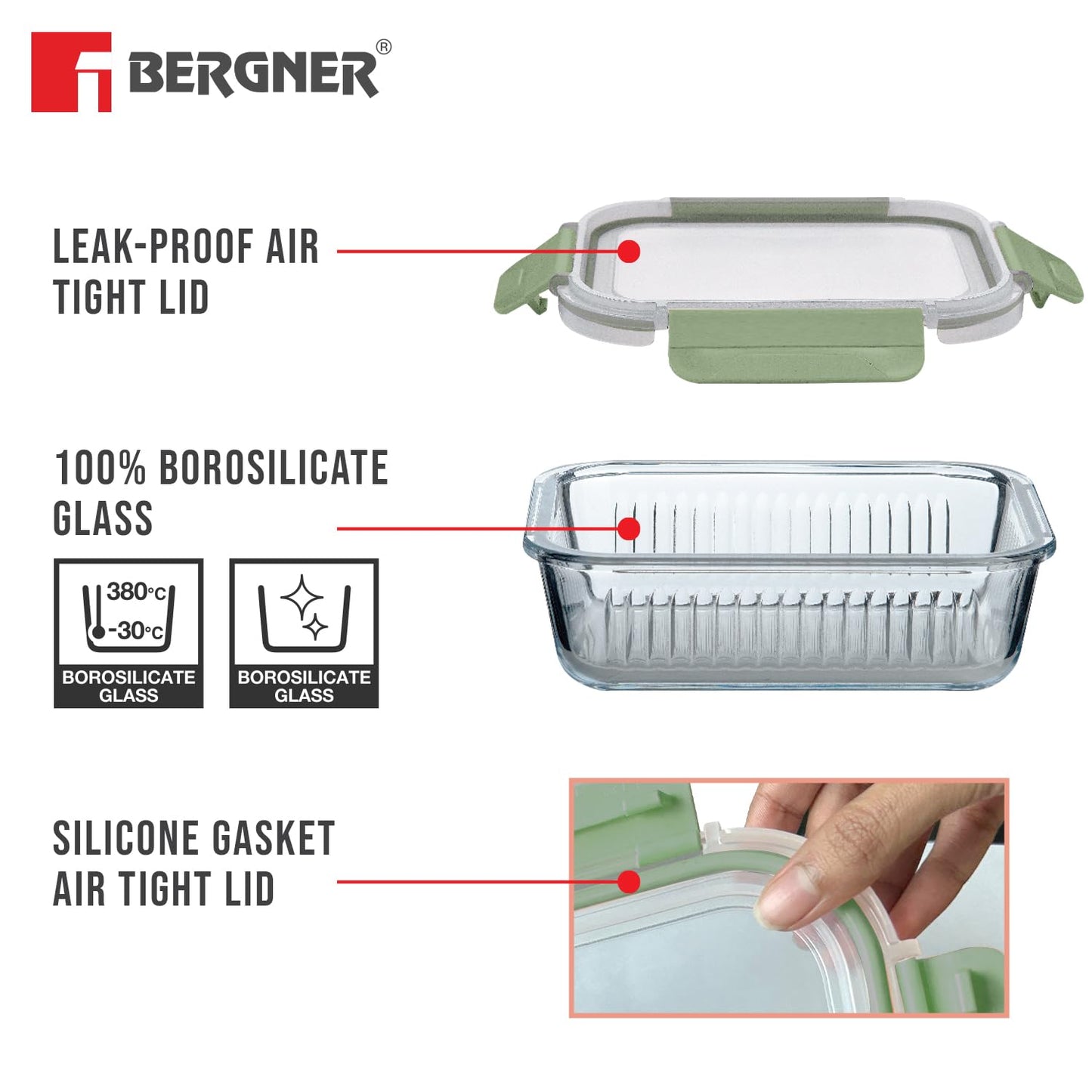 Bergner Smart Lock Borosilicate Rectangular 1.5 L Food Container for Kitchen/Tiffin, Air-Tight Lid with Locking Tabs, Space Saving, Stackable, Microwave & Oven Safe, Food Safe, Dishwasher Safe - Green