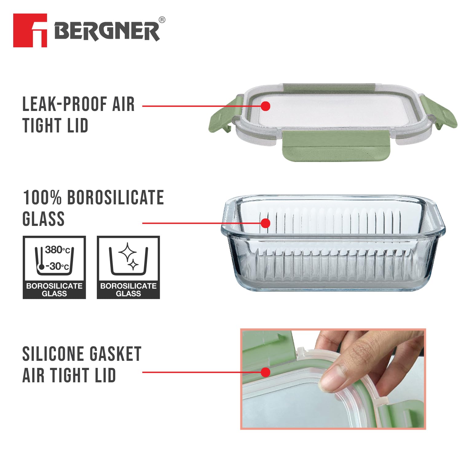 Bergner Smart Lock Borosilicate Rectangular 1.5 L Food Container for Kitchen/Tiffin, Air-Tight Lid with Locking Tabs, Space Saving, Stackable, Microwave & Oven Safe, Food Safe, Dishwasher Safe - Green