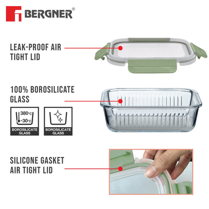 Bergner Smart Lock Borosilicate Rectangular 1.5 L Food Container for Kitchen/Tiffin, Air-Tight Lid with Locking Tabs, Space Saving, Stackable, Microwave & Oven Safe, Food Safe, Dishwasher Safe - Green