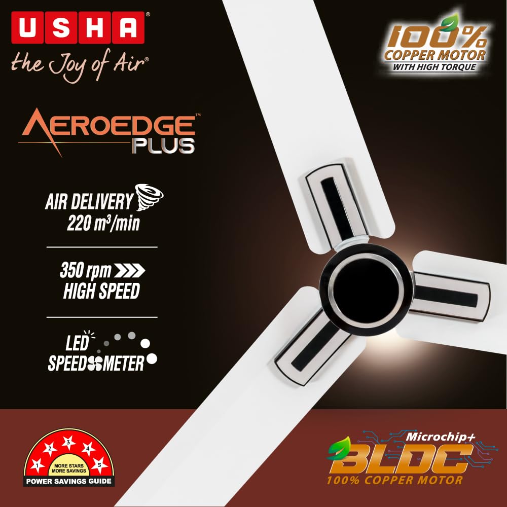 USHA AeroEdge Plus 1200mm BLDC Ceiling Fan with IR Remote | LED Indicator | BEE 5 Star Rated Energy Efficient | 100% Copper Motor | High Air Delivery 220CMM | 2 Year Warranty | (Rich White)