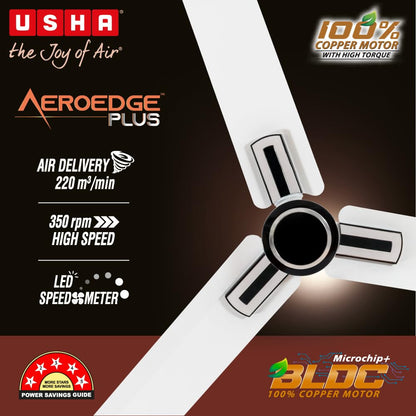USHA AeroEdge Plus 1200mm BLDC Ceiling Fan with IR Remote | LED Indicator | BEE 5 Star Rated Energy Efficient | 100% Copper Motor | High Air Delivery 220CMM | 2 Year Warranty | (Rich White)