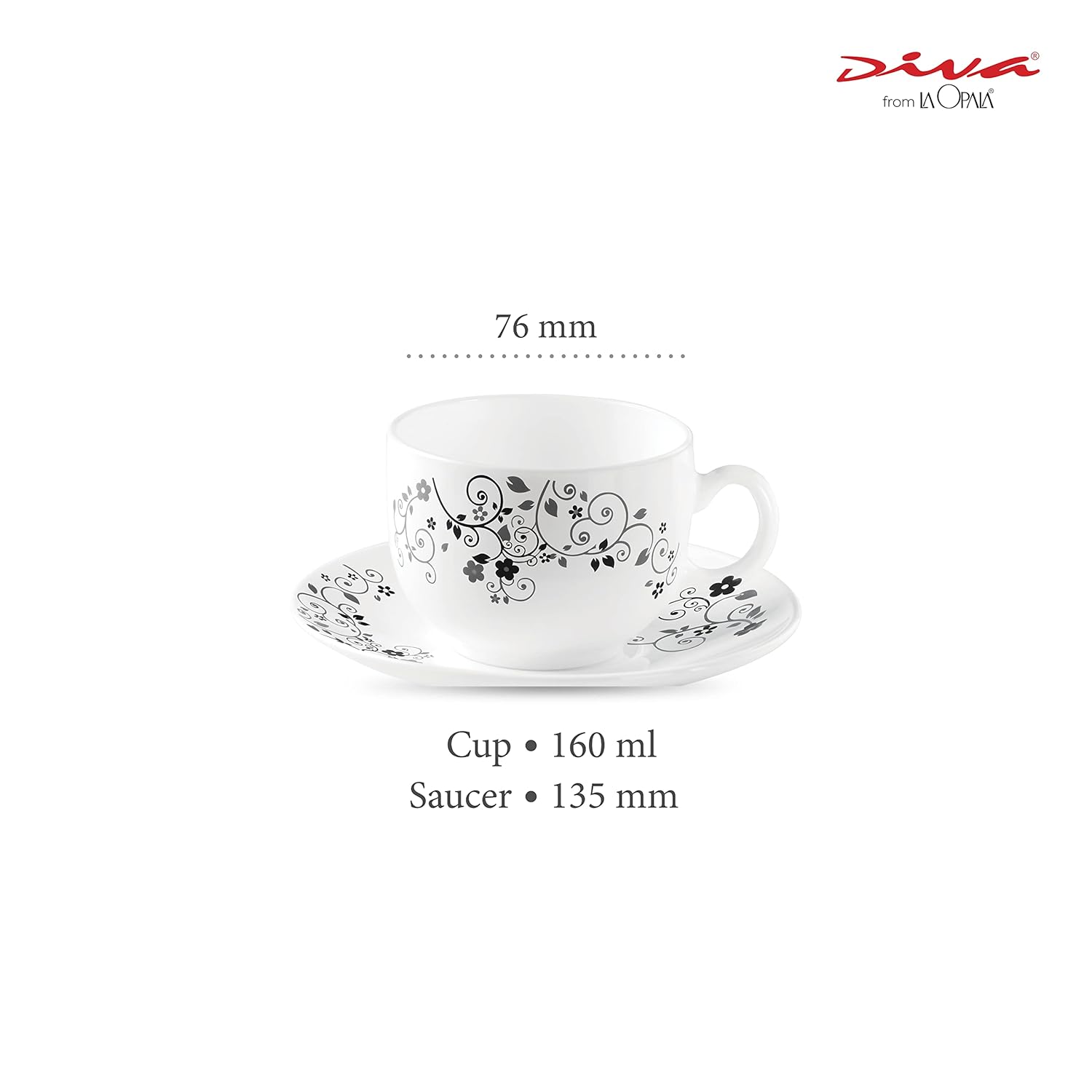 La Opala Diva, Opal Glass Crockery | Cup & Saucer Iris Regular, Set of 12 | Mystrio Black, 160 ml | for Tea & Coffee | Microwave Safe | 100% Vegetarian | Extra Strong | Super Light | Super White