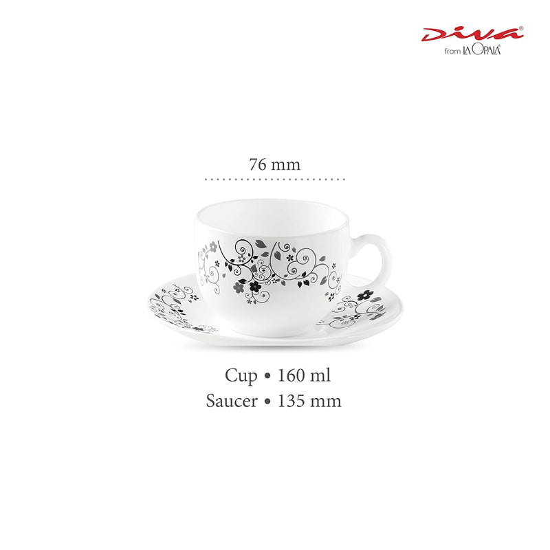 La Opala Diva, Opal Glass Crockery | Cup & Saucer Iris Regular, Set of 12 | Mystrio Black, 160 ml | for Tea & Coffee | Microwave Safe | 100% Vegetarian | Extra Strong | Super Light | Super White