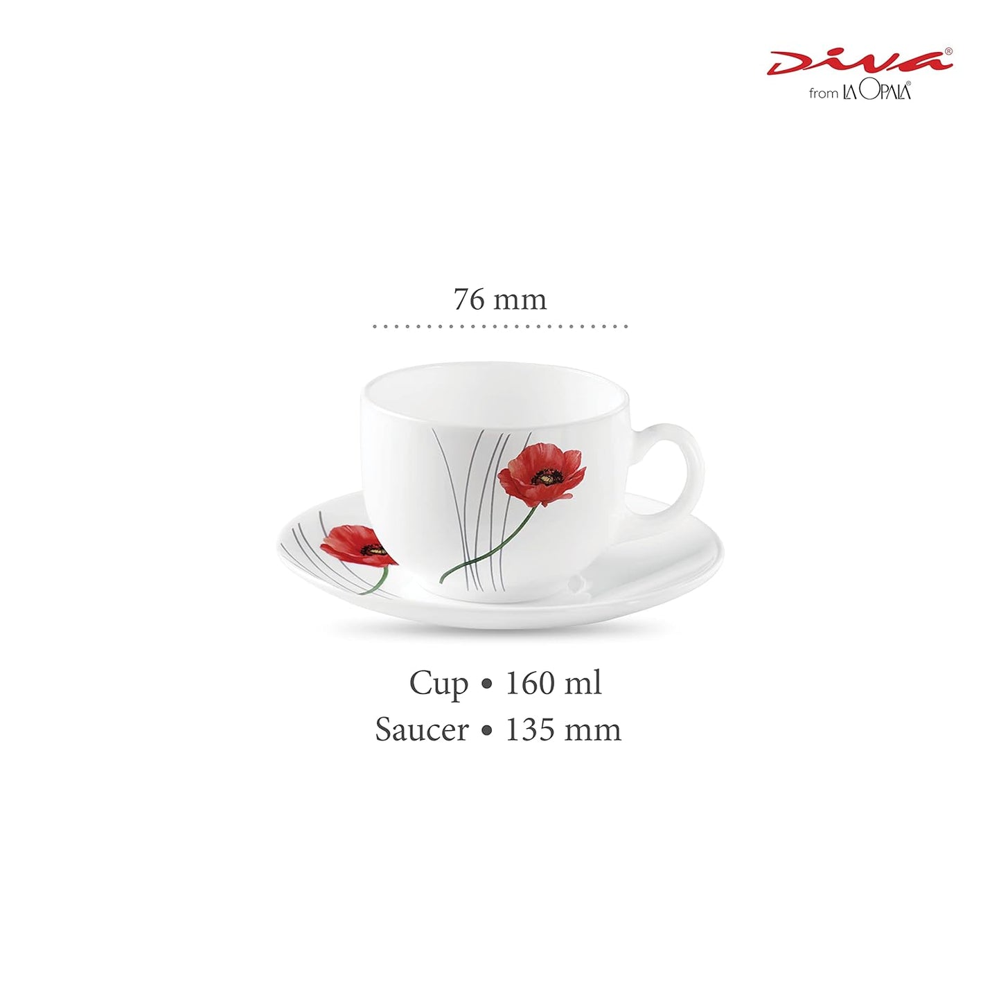La Opala Diva, Opal Glass Crockery | Cup & Saucer Iris Regular, Set of 12 | Soul Passion, 160 ml | for Tea & Coffee | Microwave Safe | 100% Vegetarian | Extra Strong | Super Light | Super White