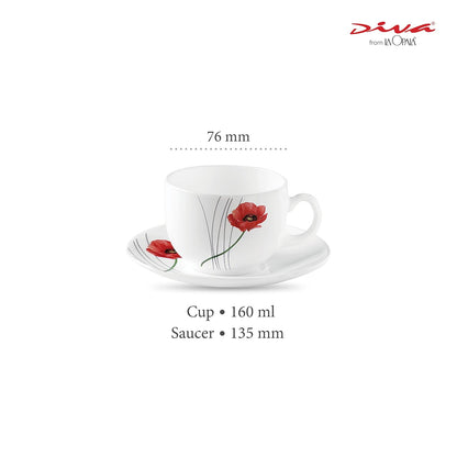 La Opala Diva, Opal Glass Crockery | Cup & Saucer Iris Regular, Set of 12 | Soul Passion, 160 ml | for Tea & Coffee | Microwave Safe | 100% Vegetarian | Extra Strong | Super Light | Super White