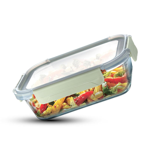 Bergner Smart Lock Borosilicate Rectangular 1.5 L Food Container for Kitchen/Tiffin, Air-Tight Lid with Locking Tabs, Space Saving, Stackable, Microwave & Oven Safe, Food Safe, Dishwasher Safe - Green