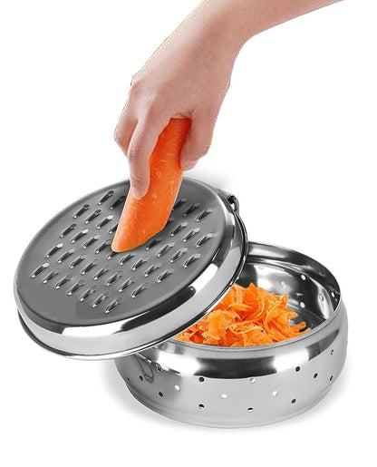 Dynore Stainless Steel Spill Free Vegetable Grater For Cheese, Carrots, Potato, Cucumber Grater With Container Box Storage/Khamni Dabba Medium
