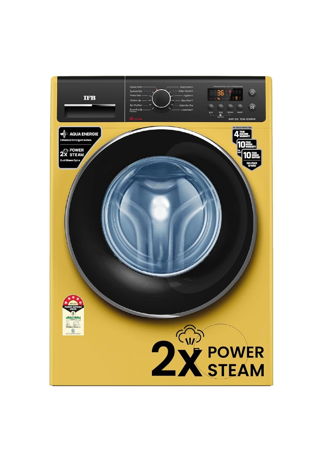 IFB 7 Kg 5 Star Front Load Washing Machine 2X Power Steam (ELITE ZLS 7012, Yellow, In-built Heater, 4 years Comprehensiv